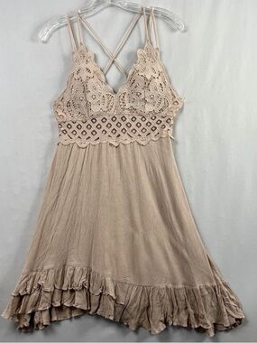 HYFVE Beige Lace Trim Spaghetti Strap Dress